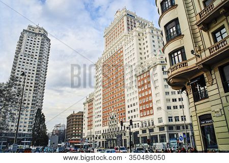 Madrid, Spain - February 11, 2020. Plaza De Espana Square With The Espana Building In The Background