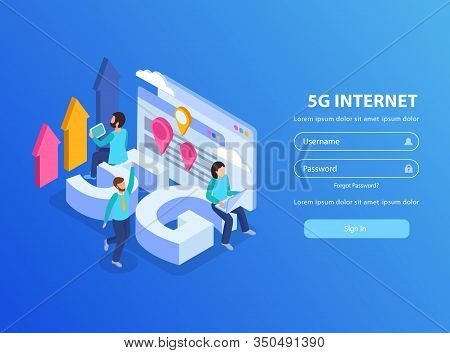 Isometric Background With 5g Internet Icons Human Characters And Log In Form 3d Vector Illustration