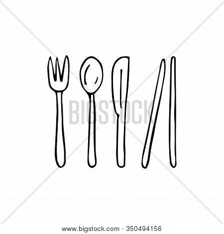 A Set Of Cutlery Made Of Bamboo. Eco-friendly European And Asian Cutlery. Fork, Spoon, Knife, Bamboo