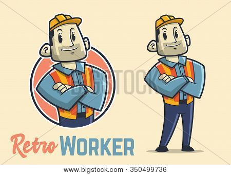 Retro Muscular Construction Worker Character, Vintage Strong Builder Mascot, Confidence And Big Man