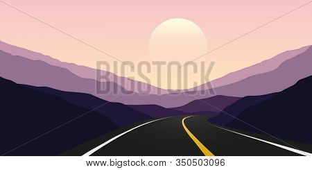 Asphalt Highway Sunset In The Mountains Travel Landscape Vector Illustration Eps10