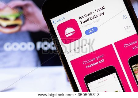 Los Angeles, California, Usa - 12 February 2020: Mobile Phone With Foodora Icon On Screen Close Up W