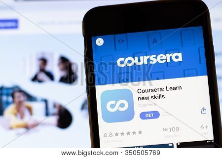 Los Angeles, California, Usa - 12 February 2020: Mobile Phone With Coursera Icon On Screen Close Up 
