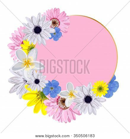 Vector Round Background For Lettering. Pink Pattern With Flowers. Design For Advertising Or Promotio