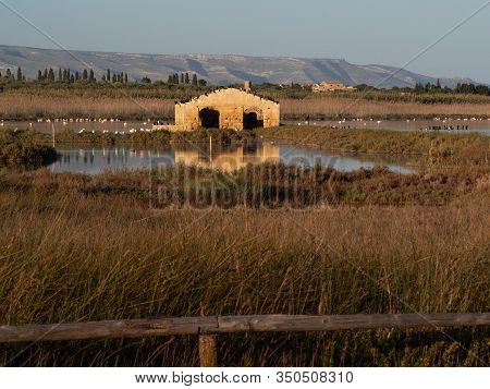 A Ruined Building Reflecting Into The Water With Birds On Top Of It