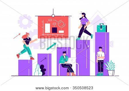 Illustration Of Business, Office Workers Study Infographics On A Graph From The Columns, Analyze The
