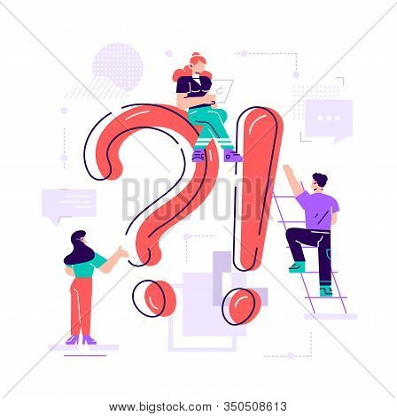 Giant Question Mark And Interrogation Point And Tiny People. Concept Of Faq, User Manual Or Guide, C