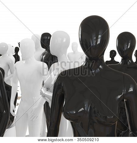 Black Female Mannequin Made Of Plastic On A Background Of Other Similar Ones. 3d Rendering