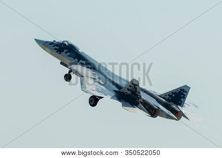 August 30, 2019. Zhukovsky, Russia. Fifth-generation Promising Russian Multi-functional Fighter Sukh