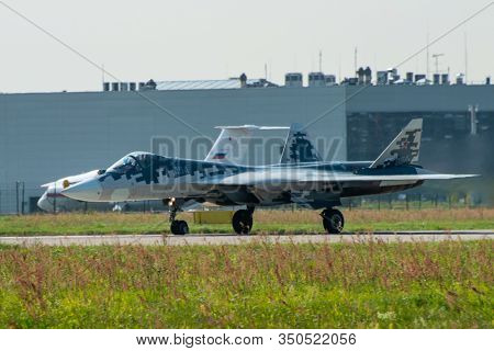 August 30, 2019. Zhukovsky, Russia. Fifth-generation Promising Russian Multi-functional Fighter Sukh