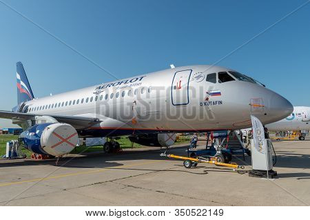 August 30, 2019. Zhukovsky, Russia. Russian Short-range Narrow-body Passenger Aircraft  Sukhoi Super