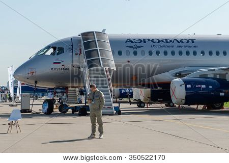 August 30, 2019. Zhukovsky, Russia. Russian Short-range Narrow-body Passenger Aircraft  Sukhoi Super