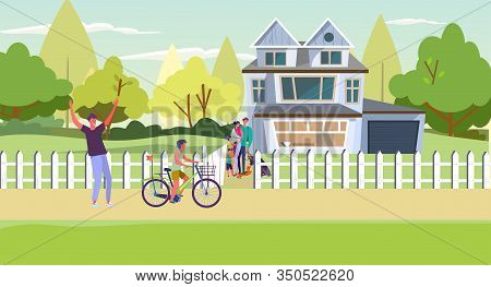 Suburban People Spending Weekend With Family. Country House, Parents, Kids, Riding Bike Flat Vector 