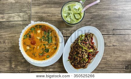 Spicy Shrimp, Thai Tea, Stir Fried Pork And Basil.