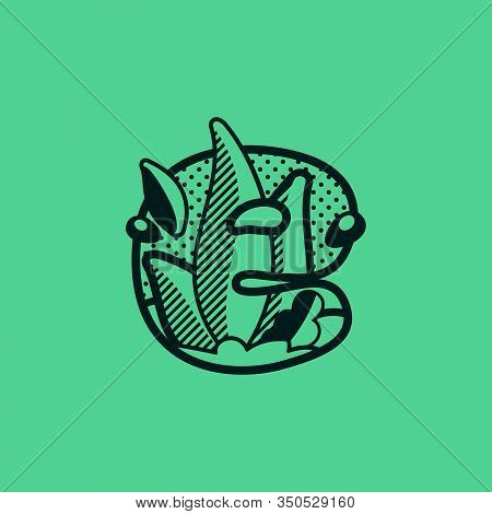 E Letter Landscape Monochrome Logo With Leaves And Dew Drops. Vector Pattern Typeface For Vegetarian