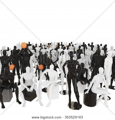 A Large Group Of Black And White Mannequins In Different Poses. 3d Rendering