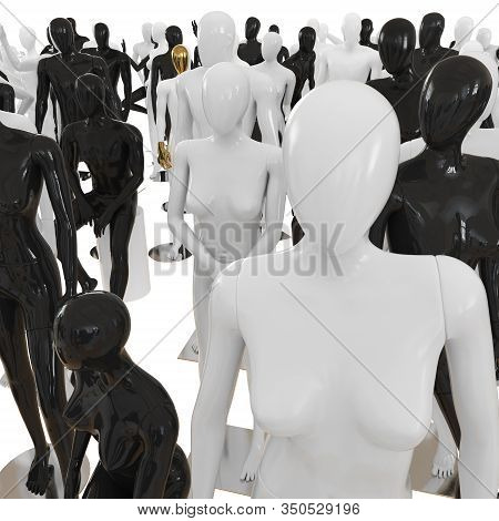 Female Figure On The Background Of Different Mannequins. 3d Rendering