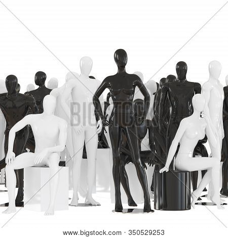 Sitting And Standing Mannequins In Different Poses On A White Background. 3d Rendering