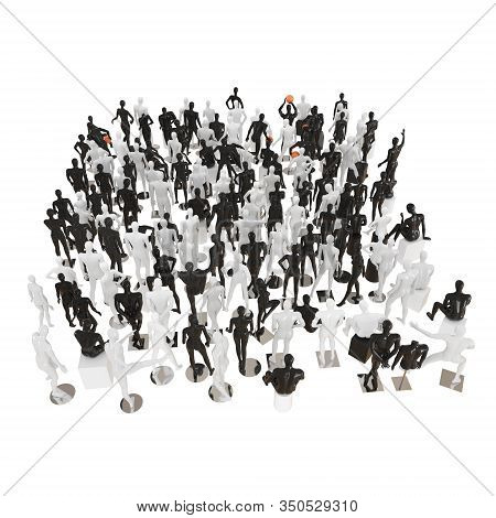 A Large Group Of Mannequins Stand With Their Backs In A Top View. 3d Rendering