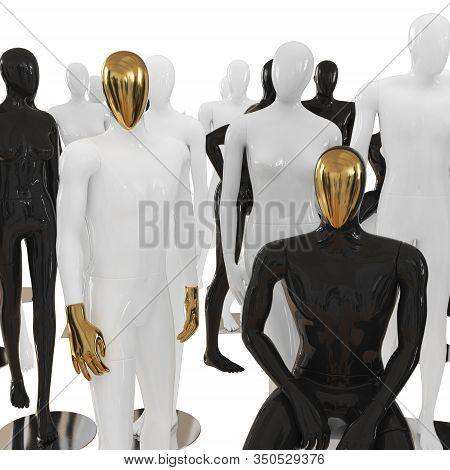 Black And White Male Mannequin With Golden Faces On The Background Of Other Different Female And Mal