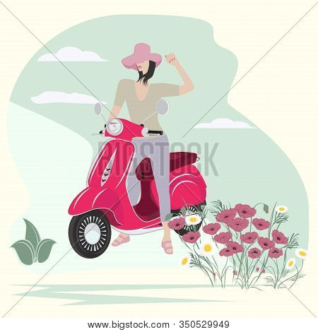 Girl On A Motor Scooter In Nature, Wildflowers - Poppies And Daisies - Illustration, Vector. Lifesty