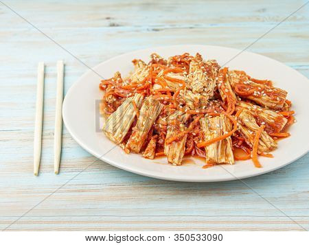 Spicy Chinese Or Korean Yuba Tofu Bamboo And Carrots Salad On Wooden Background
