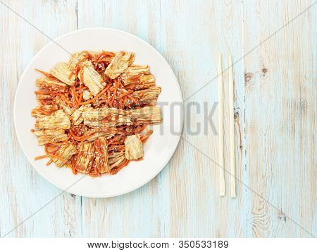 Spicy Chinese Or Korean Yuba Tofu Bamboo And Carrots Salad On Wooden Background