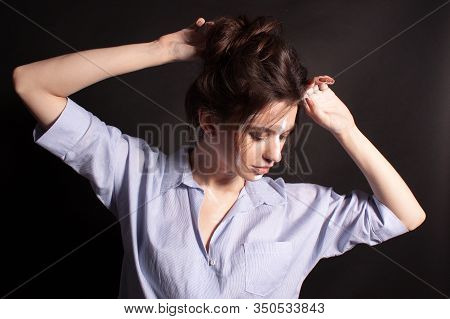 Fashion Beauty Portrait Of Beautiful Young Brunette Woman. White Paint On The Body And Face.