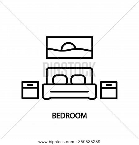 Bedroom Line Vector Icon. Double Bed With Bedside Tables And Picture On The Wall