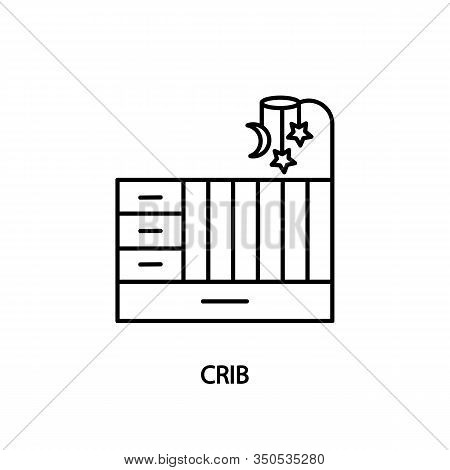 Crib With Drawers And Carousel Line Vector Icon. Nursery Flat Vector Symbol. Cradle For Baby. Concep