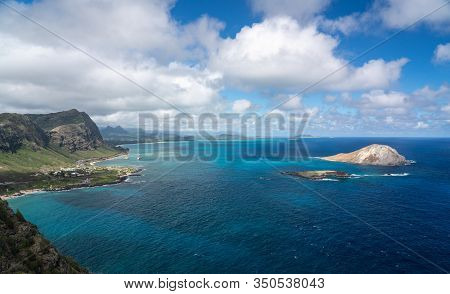 Panorama Across The East Coastline Of Oahu Over Makapuu Beach With Rabbit And Kaohikaipu Islands Fro