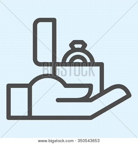 Proposal Line Icon. Ring In Box On Hand, Man Offering Marriage For Lady. Wedding Asset Vector Design
