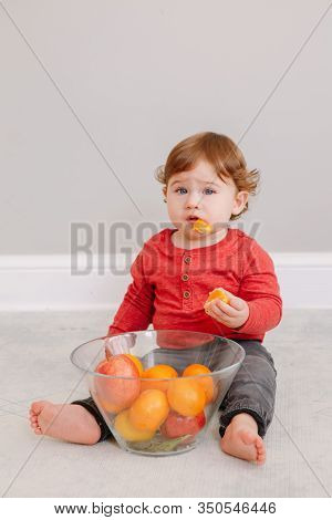 Cute Adorable Caucasian Baby Boy Eating Citrus Fruit. Finny Child Eating Healthy Organic Snack. Soli