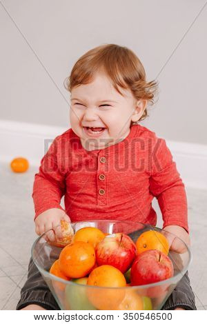 Cute Adorable Caucasian Baby Boy Eating Citrus Fruit. Finny Child Eating Healthy Organic Snack. Soli