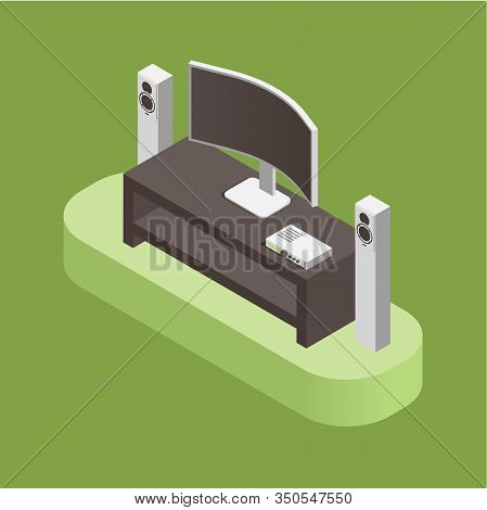 Home Theatre, Audio System And Smart House Concept Isolated On Green Background. Smart Tv, Audio Spe