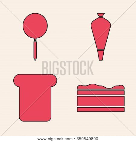 Set Brownie Chocolate Cake , Frying Pan , Pastry Bag For Decorate Cakes And Bread Toast Icon. Vector