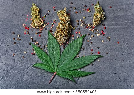 Cannabis Buds And Leaf With Red Color Pepper. Caryophyllene Terpene Concept On Grey Background. Top 