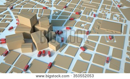 3D rendering of a cardboard textured map with red trucks circulating and a pile of cartons