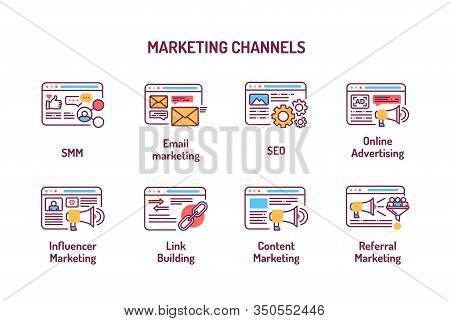 Marketing Channels Color Line Icons, Smm, Email Marketing, Seo, Online Advertising. Digital Marketin
