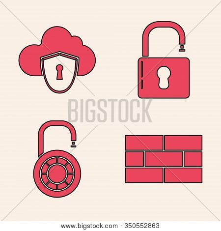 Set Bricks , Cloud And Shield, Open Padlock And Safe Combination Lock Wheel Icon. Vector