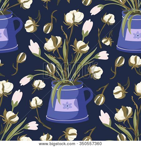 Cotton Flower Vintage Vector Seamless Pattern. Fluffy Gentle Hand Drawn Floral Branch Design. Botany