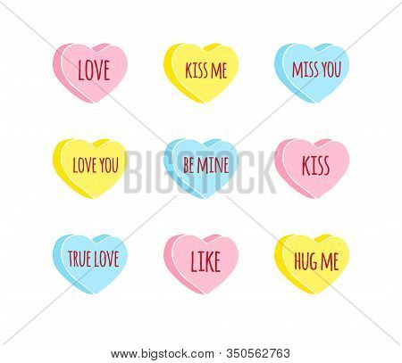 Vector Hand Drawn Doodle Set Of Different Sweet Heart Candies Isolated On White Background. Bundle O