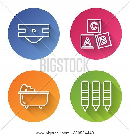 Set Line Baby Absorbent Diaper, Abc Blocks, Baby Bathtub And Wax Crayons For Drawing. Color Circle B