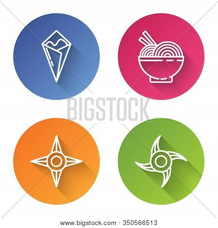 Set Line Temaki Roll, Asian Noodles In Bowl And Chopsticks, Japanese Ninja Shuriken And Japanese Nin