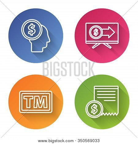 Set Line Business Man Planning Mind, Monitor With Dollar, Trademark And Paper Check And Financial Ch