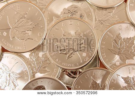 Pille Of Canadian Fine Silver Ounce. Coin Made Of Pure Silver, Valuable For Coin Collectors. Maple L