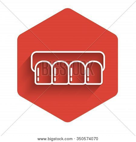 White Line Dentures Model Icon Isolated With Long Shadow. Teeth Of The Upper Jaw. Dental Concept. Re