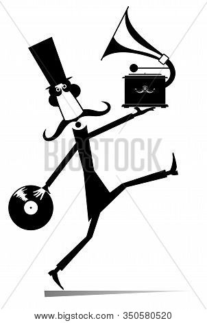 Funny Man With Vintage Record Player And Record Illustration. Walking Long Mustache Man In The Top H