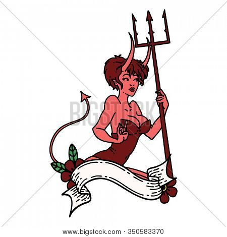 tattoo in traditional style of a pinup devil girl with banner