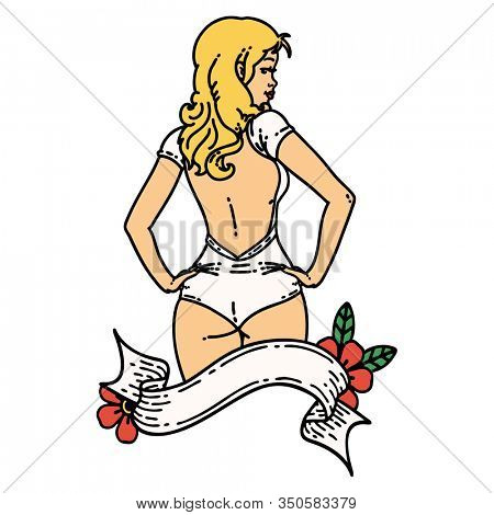 tattoo in traditional style of a pinup swimsuit girl with banner
